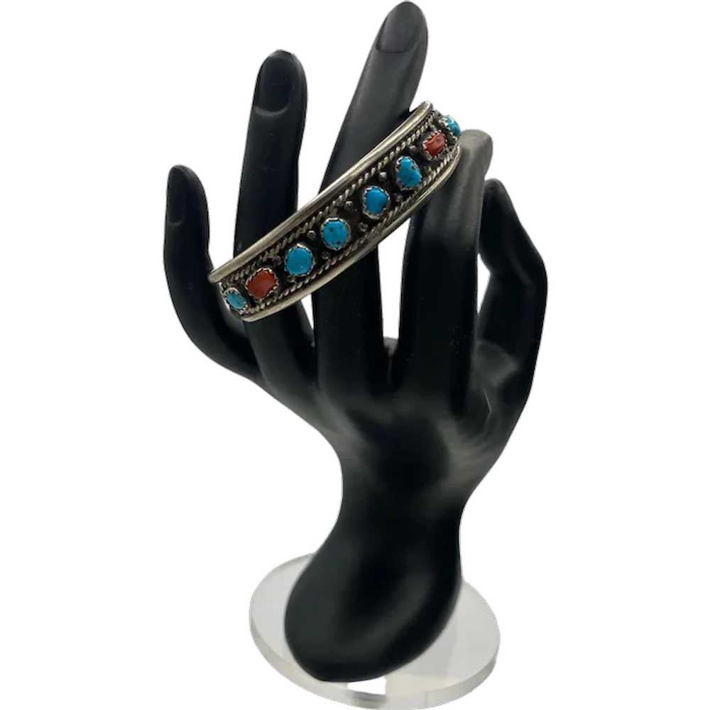 Vtg Robert Johnson Sterling Turquoise Coral Cuff … - image 1
