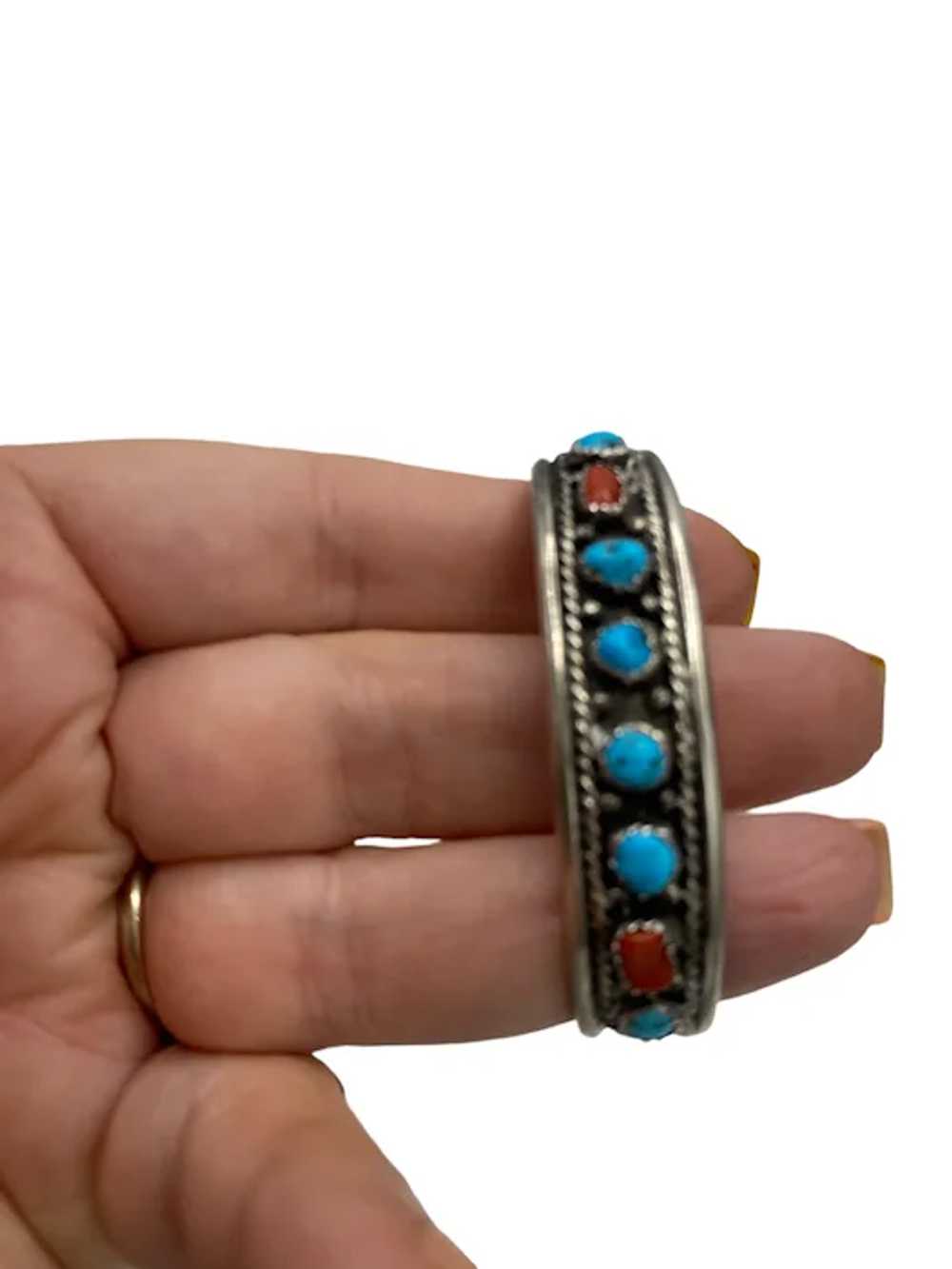 Vtg Robert Johnson Sterling Turquoise Coral Cuff … - image 3