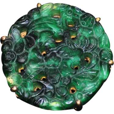 Ciner Molded Jade-color Glass Brooch with Gold-pl… - image 1