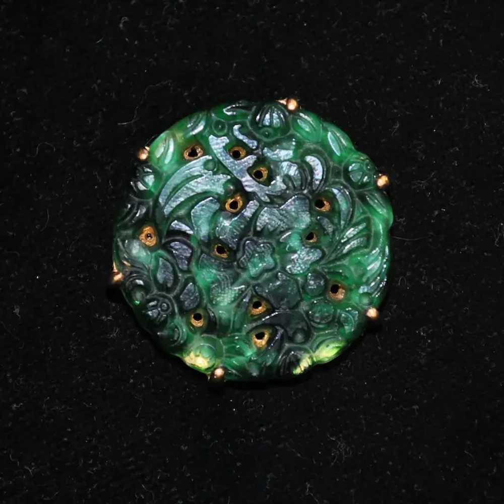 Ciner Molded Jade-color Glass Brooch with Gold-pl… - image 2