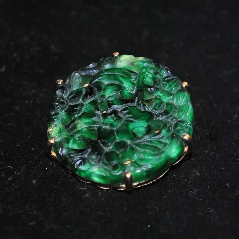 Ciner Molded Jade-color Glass Brooch with Gold-pl… - image 3