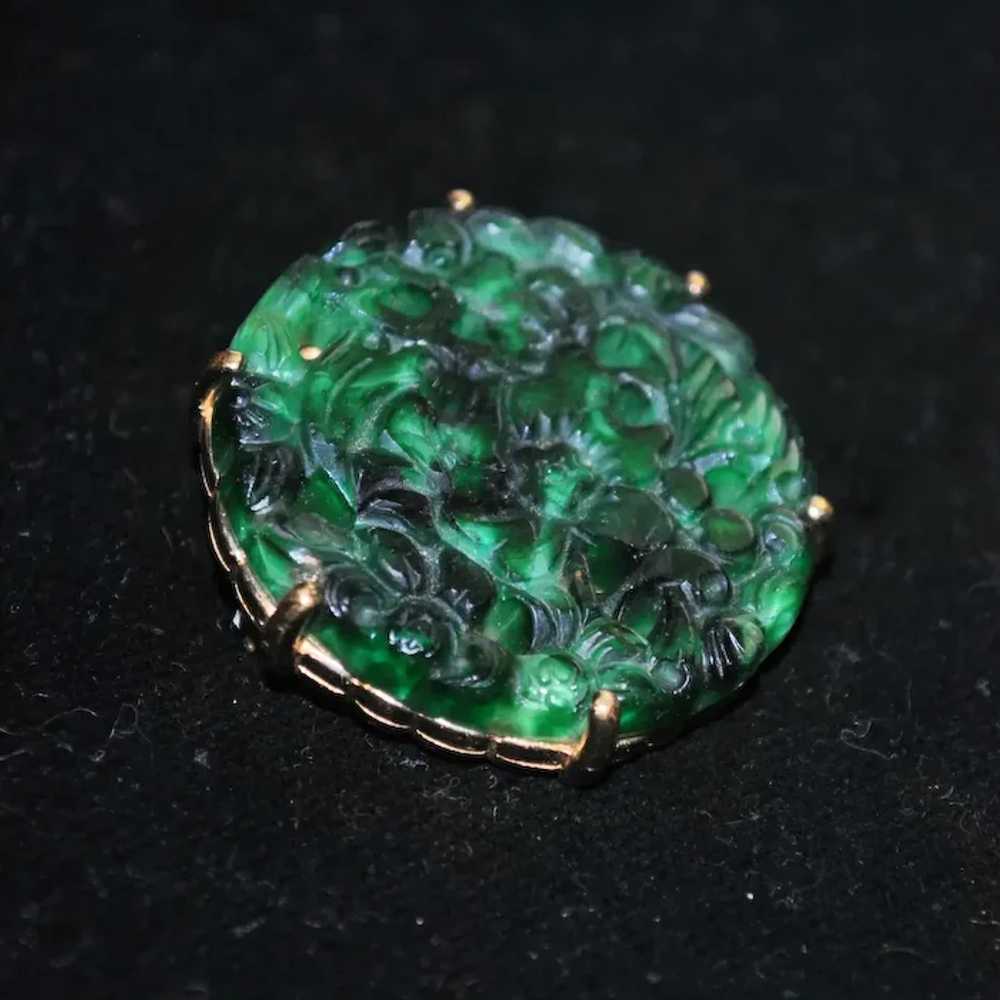 Ciner Molded Jade-color Glass Brooch with Gold-pl… - image 4