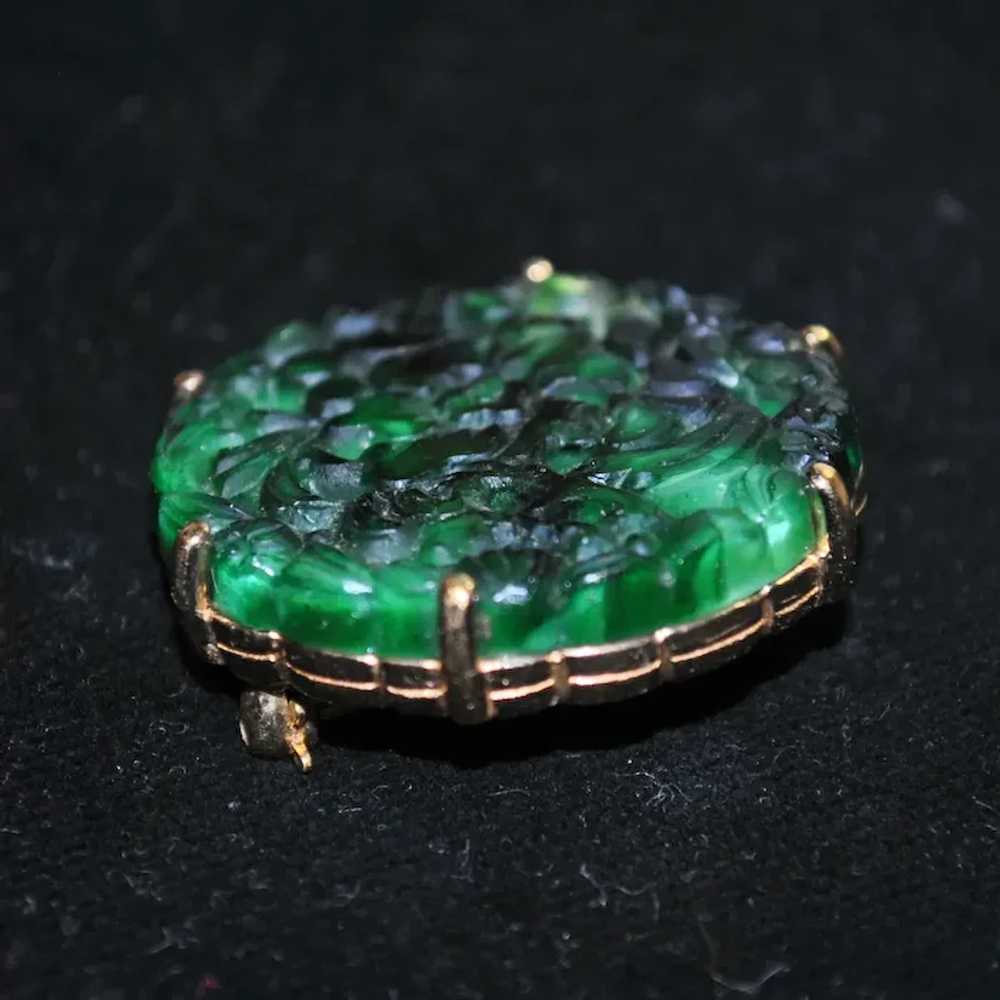 Ciner Molded Jade-color Glass Brooch with Gold-pl… - image 5