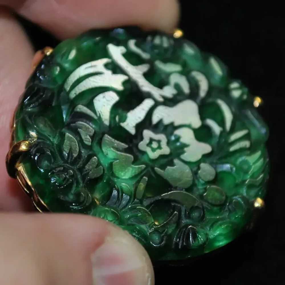Ciner Molded Jade-color Glass Brooch with Gold-pl… - image 6