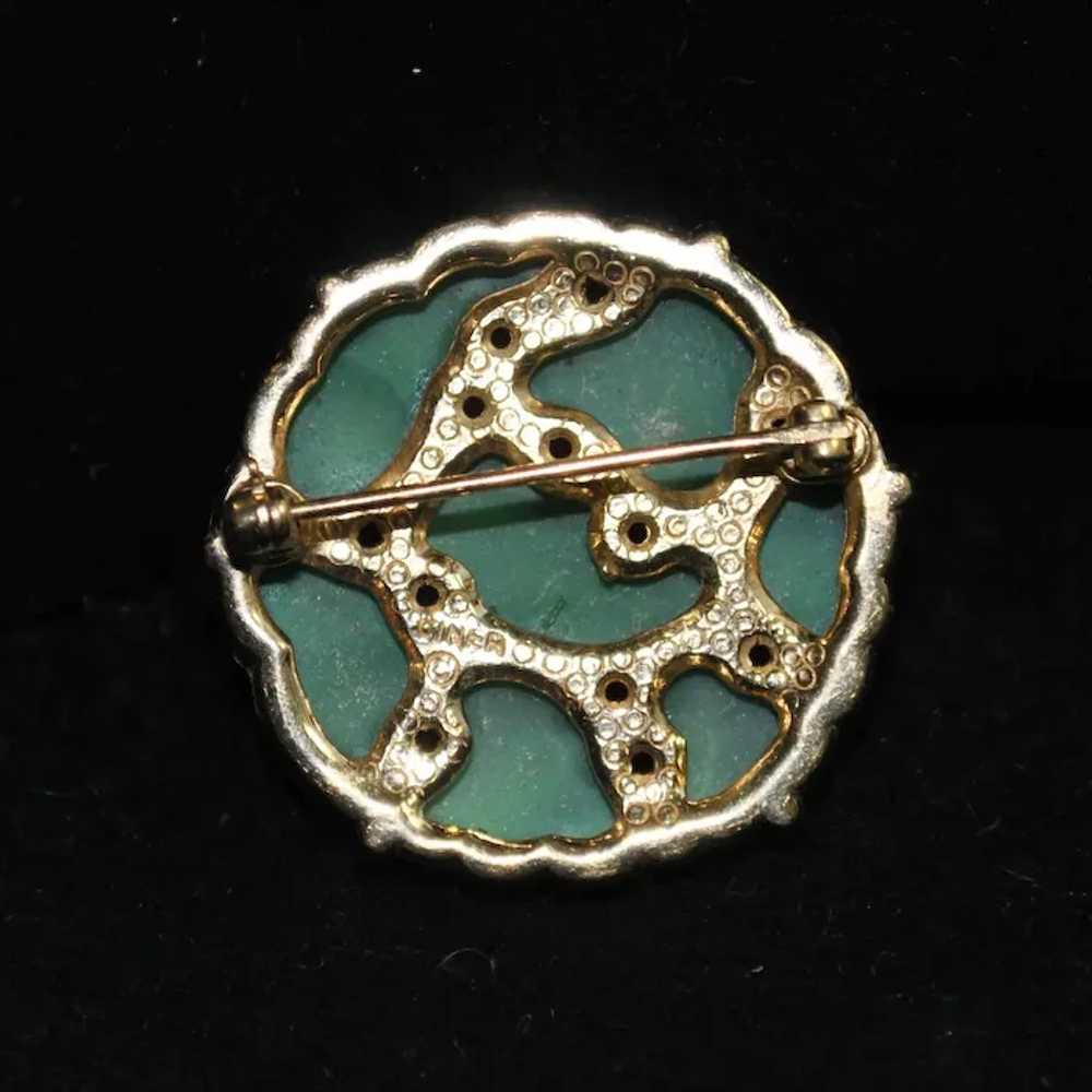 Ciner Molded Jade-color Glass Brooch with Gold-pl… - image 7
