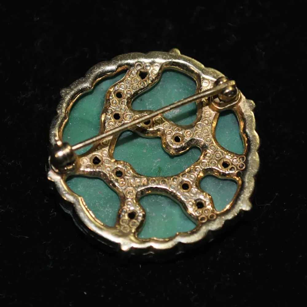 Ciner Molded Jade-color Glass Brooch with Gold-pl… - image 8