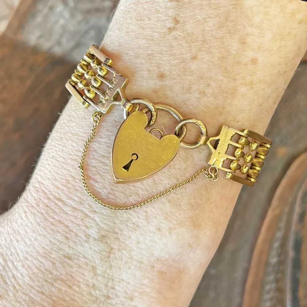 Antique Victorian 9k Gold Gate Bracelet with Hear… - image 2