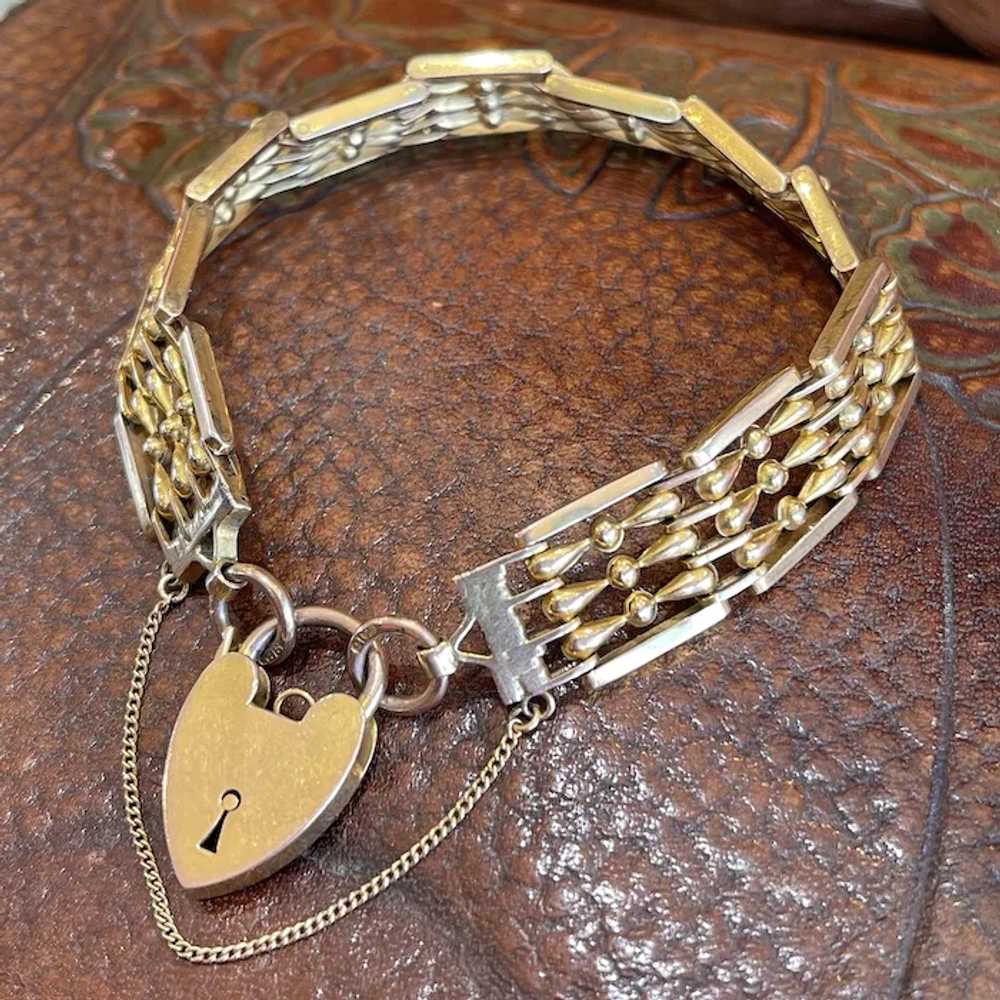Antique Victorian 9k Gold Gate Bracelet with Hear… - image 3