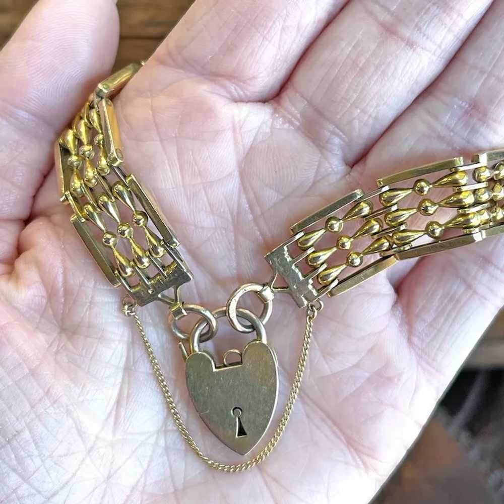 Antique Victorian 9k Gold Gate Bracelet with Hear… - image 5