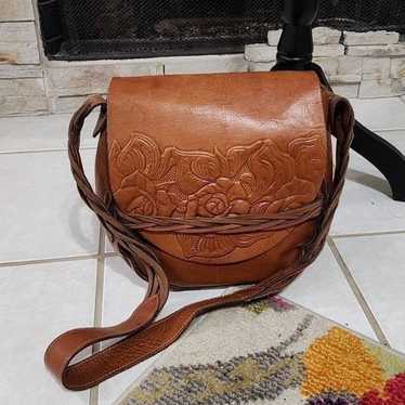 Patricia Nash Brown Tooled Leather Saddle Bag cro… - image 1