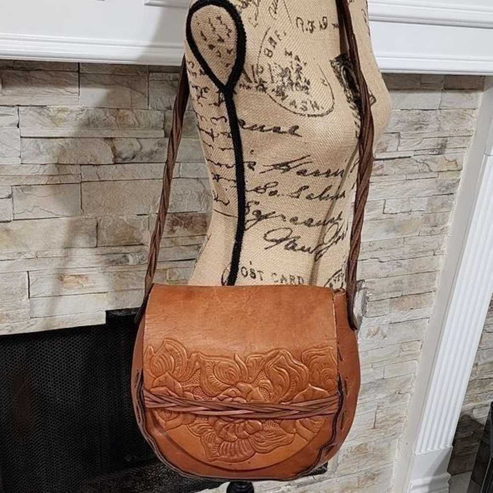 Patricia Nash Brown Tooled Leather Saddle Bag cro… - image 2