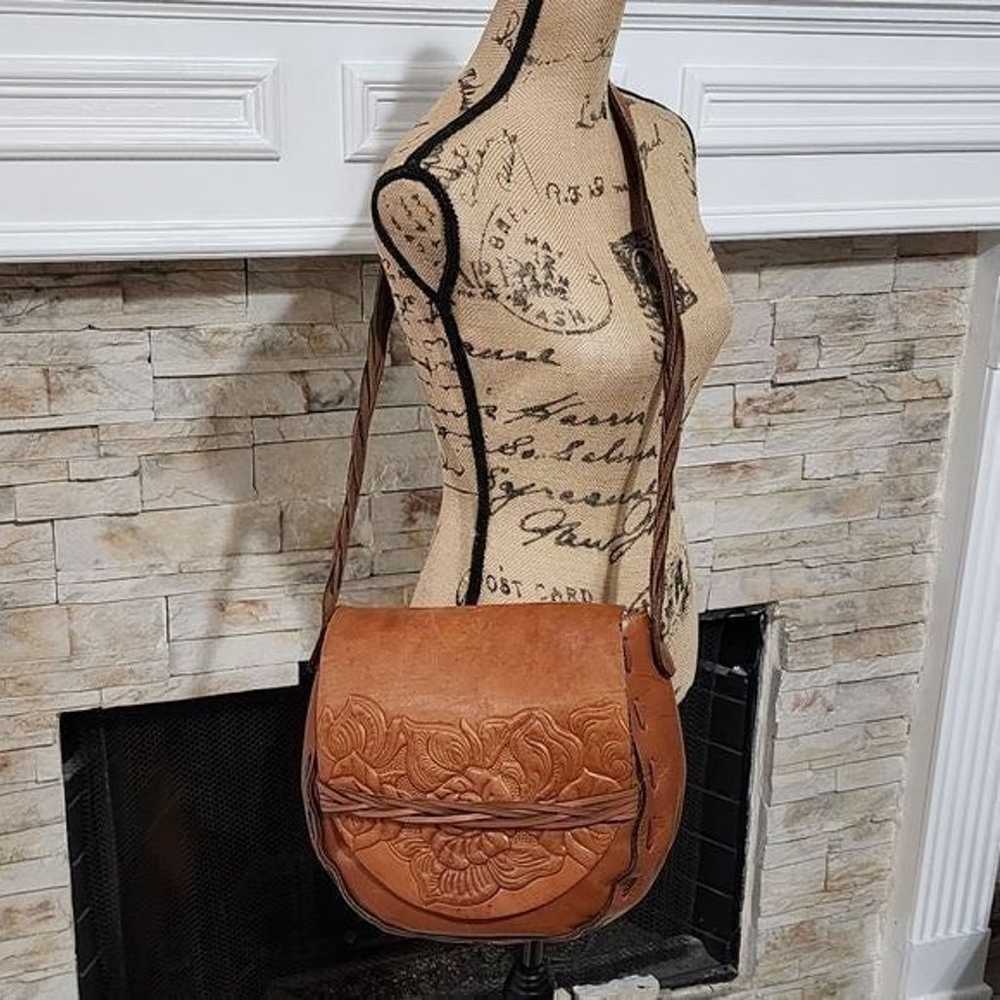 Patricia Nash Brown Tooled Leather Saddle Bag cro… - image 3