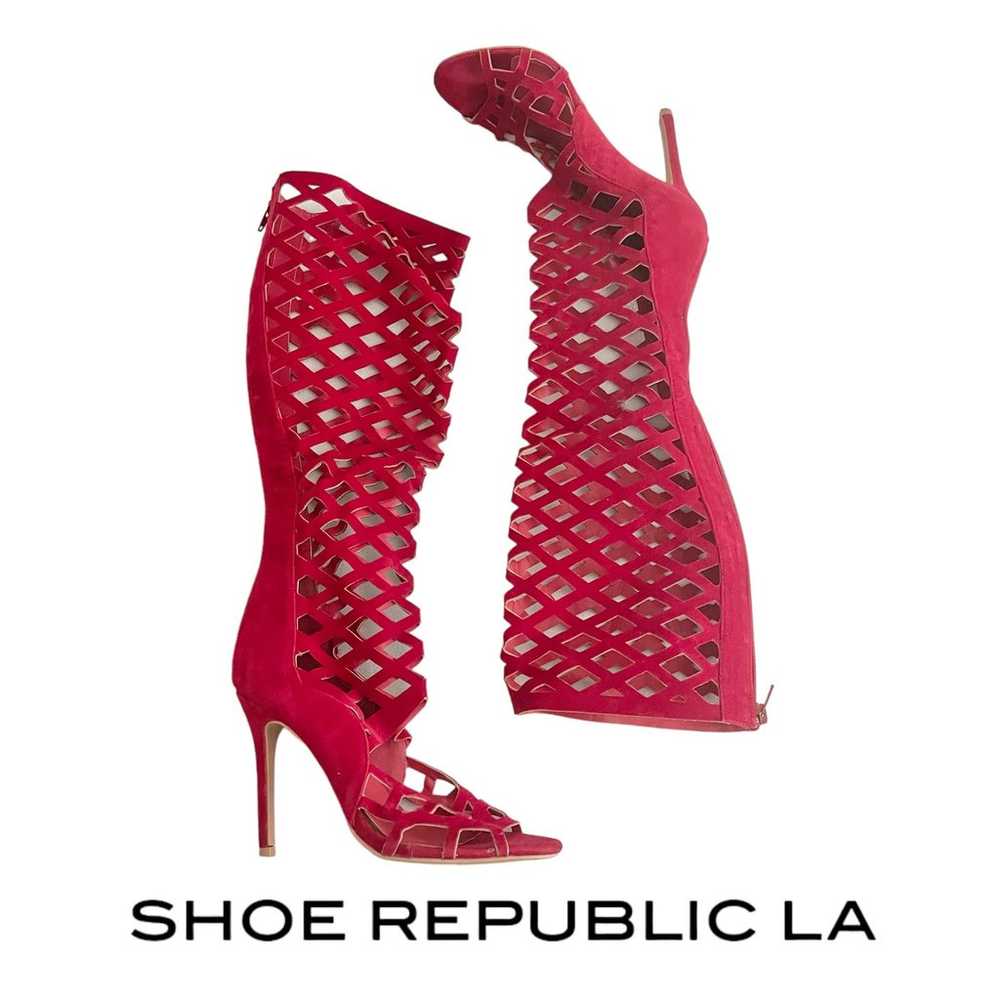 Red Cage Knee High Boots 8.5 Faux Suede Lattice C… - image 1