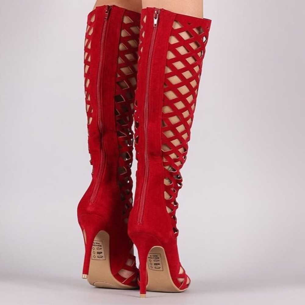 Red Cage Knee High Boots 8.5 Faux Suede Lattice C… - image 2