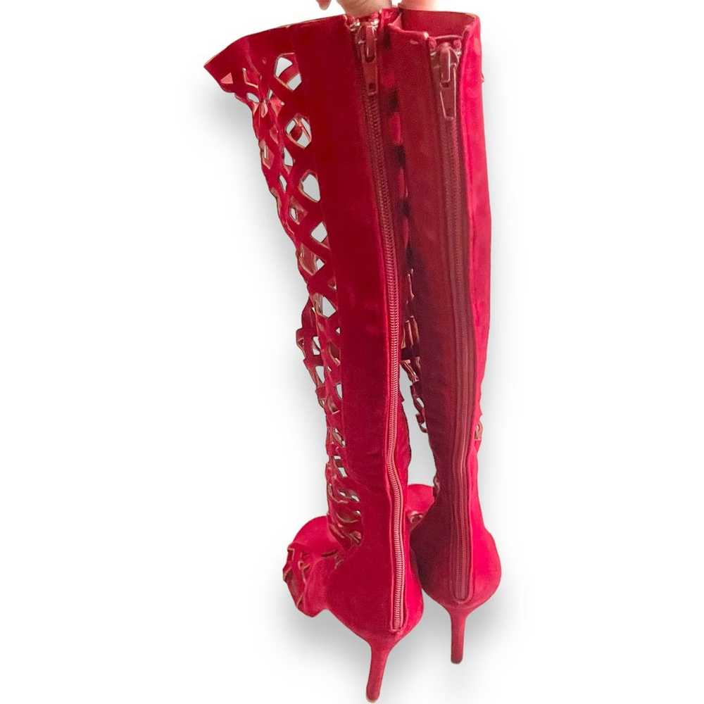 Red Cage Knee High Boots 8.5 Faux Suede Lattice C… - image 4