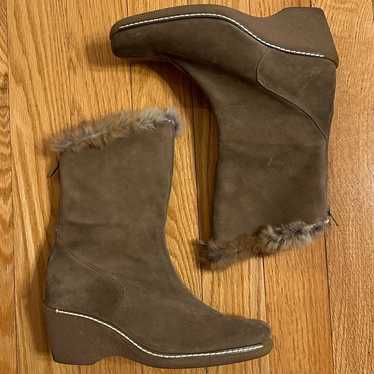 MAXINE of Canada Brown Tan Suede Wedge Real Fur T… - image 1