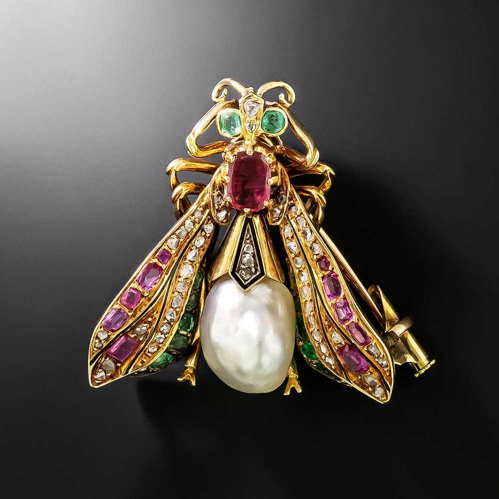 Antique Natural Pearl, Diamond and Gemstone Fly B… - image 1