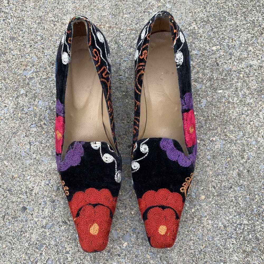Vintage Shoes 70s 80s Embroidered Pointed Square … - image 3