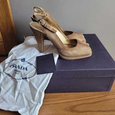 Prada Brown Suede Slingback Sandals Heels 37.5