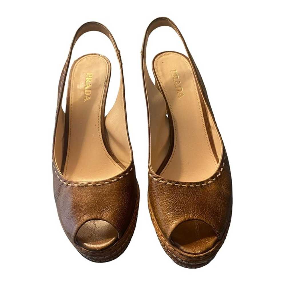 Prada Brown Leather Peep Toe Slingback Heels 40 - image 1