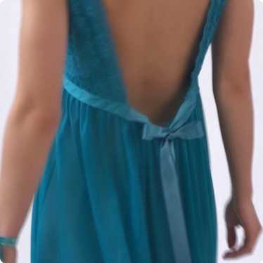 Vintage Cyan Blue Floral Lace Open Back Dress