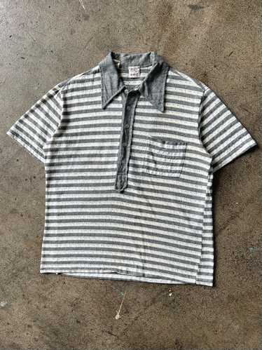 1960s Gray and White Striped Mesh Polo Shirt