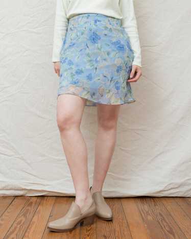 Vintage Blue Floral Chiffon Skirt (S/M)