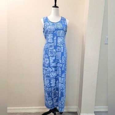 Rare Vintage Ivy Maxi Dress 100% Linen Blue Block… - image 1