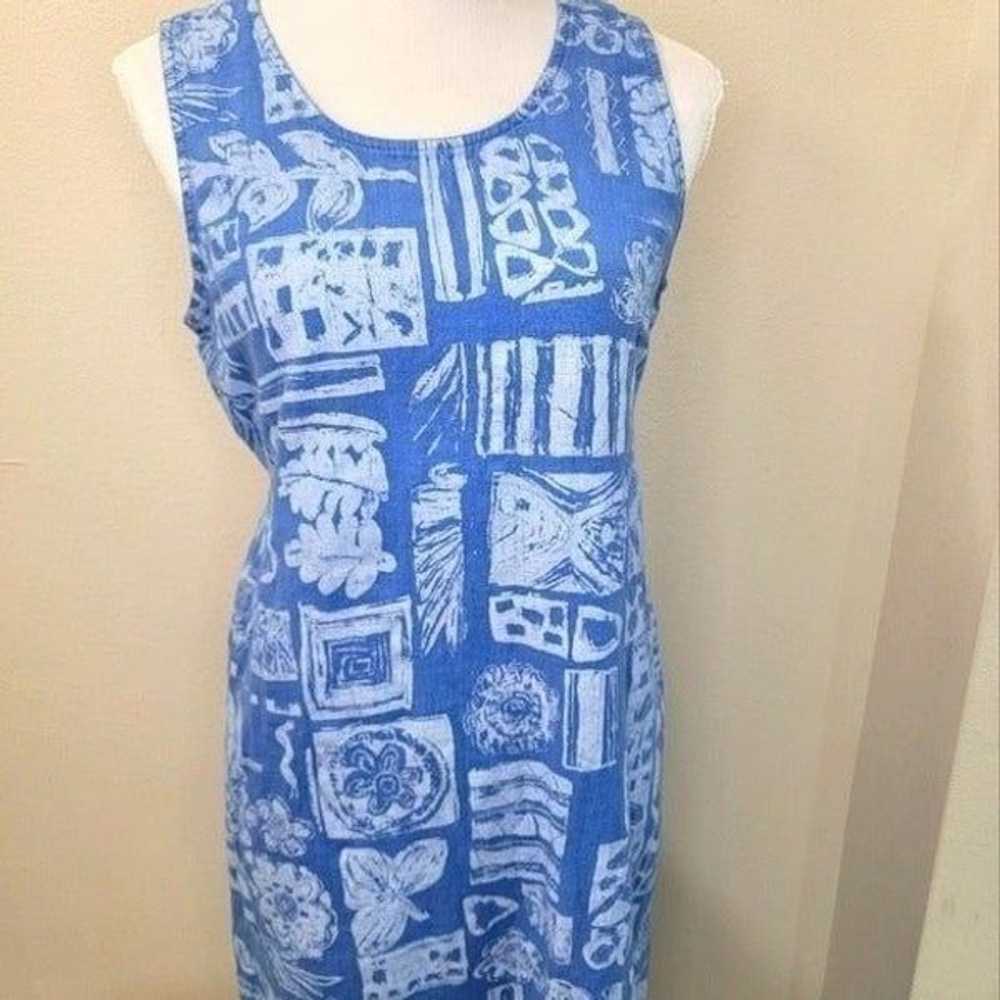 Rare Vintage Ivy Maxi Dress 100% Linen Blue Block… - image 2