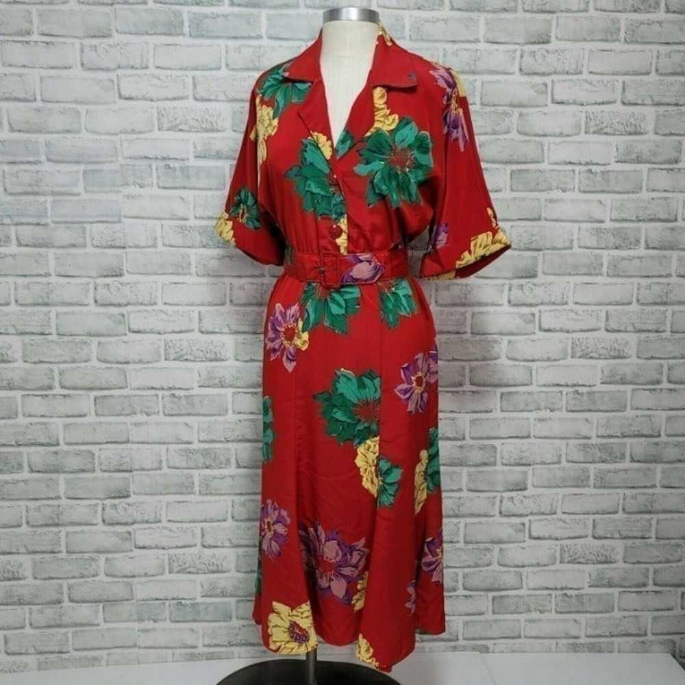 Vintage 80s Dawn Joy Fashions S Red Bright Floral… - image 1