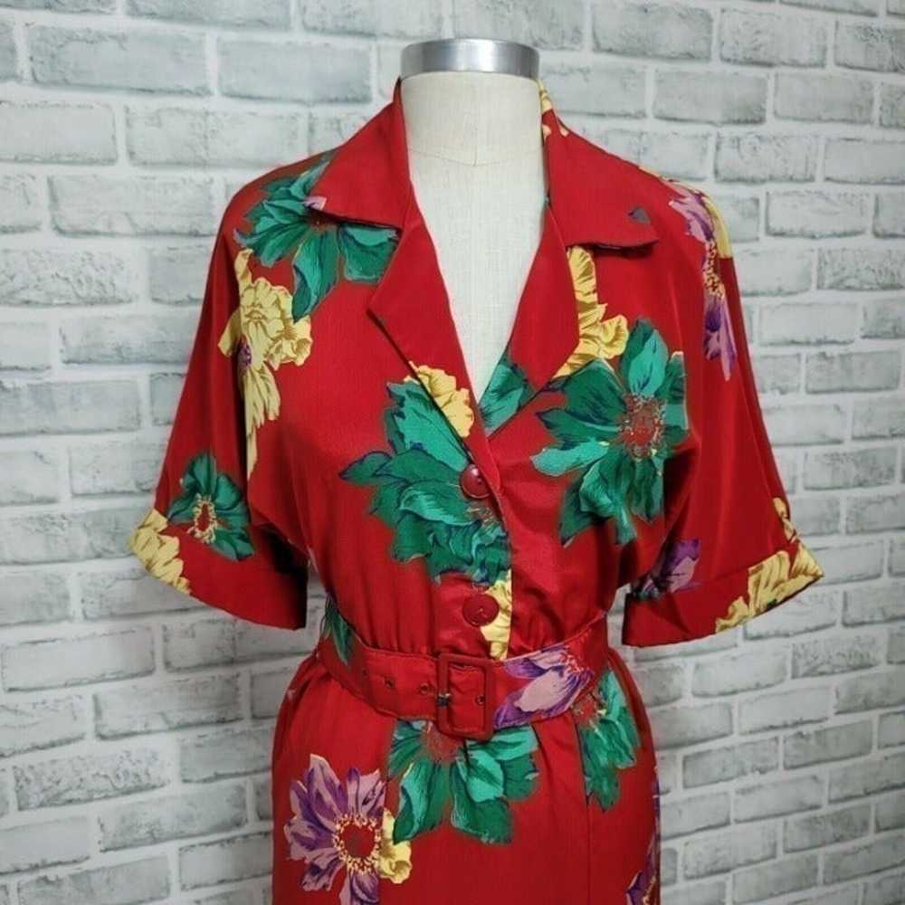 Vintage 80s Dawn Joy Fashions S Red Bright Floral… - image 2