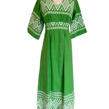 Green & white hand woven cotton maxi dress with t… - image 1