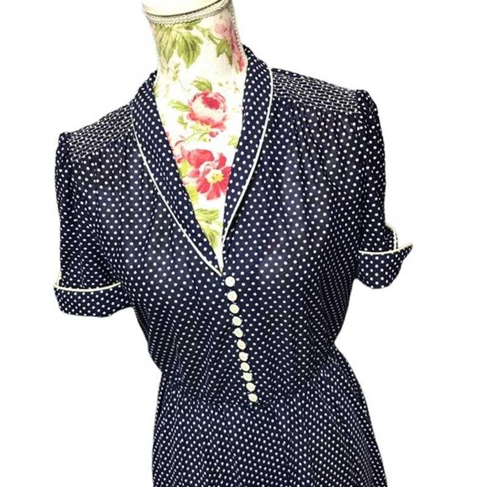 50s dress blue white polka dot buttons cuffed sle… - image 12