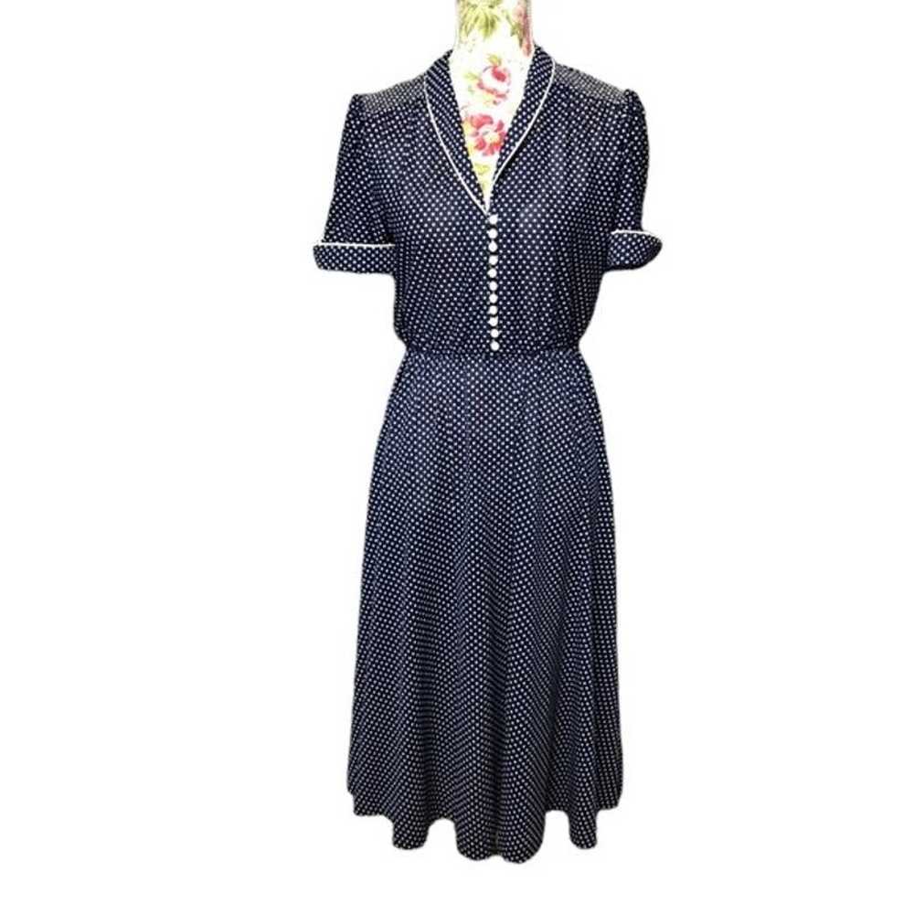50s dress blue white polka dot buttons cuffed sle… - image 1