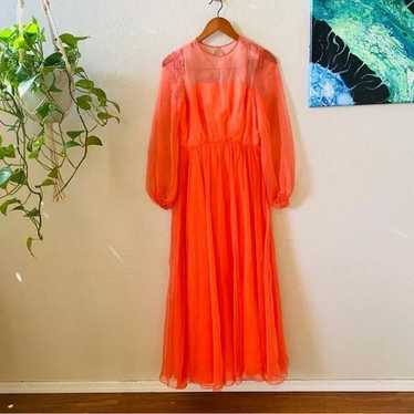 Vintage 1960s Coral Chiffon Long Sleeve Gown