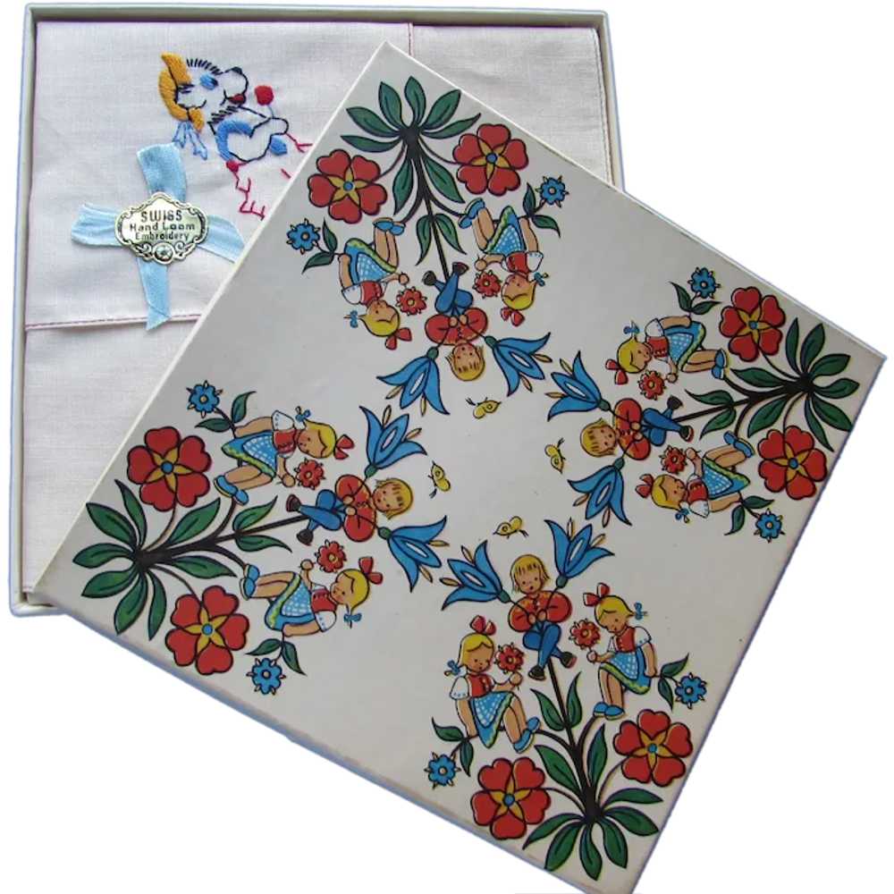 Oh so Cute Box Child Swiss Hankies Embroidered Du… - image 1