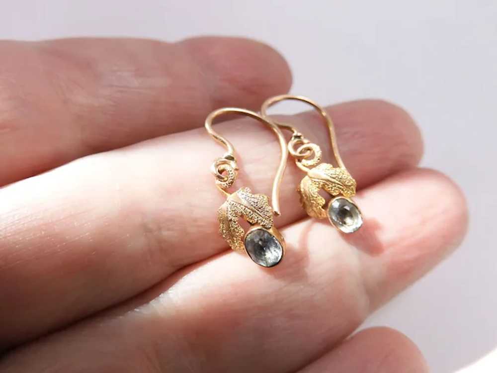 Antique Victorian 14k Gold Leaf Earrings With Aqu… - image 2
