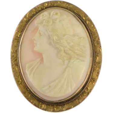 10K Victorian Engraved Coral Cameo Lady Pendant Y… - image 1
