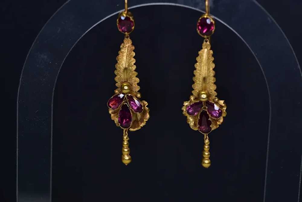 Antique 14 Karat Gold Almandine Garnet Leaf Earri… - image 6