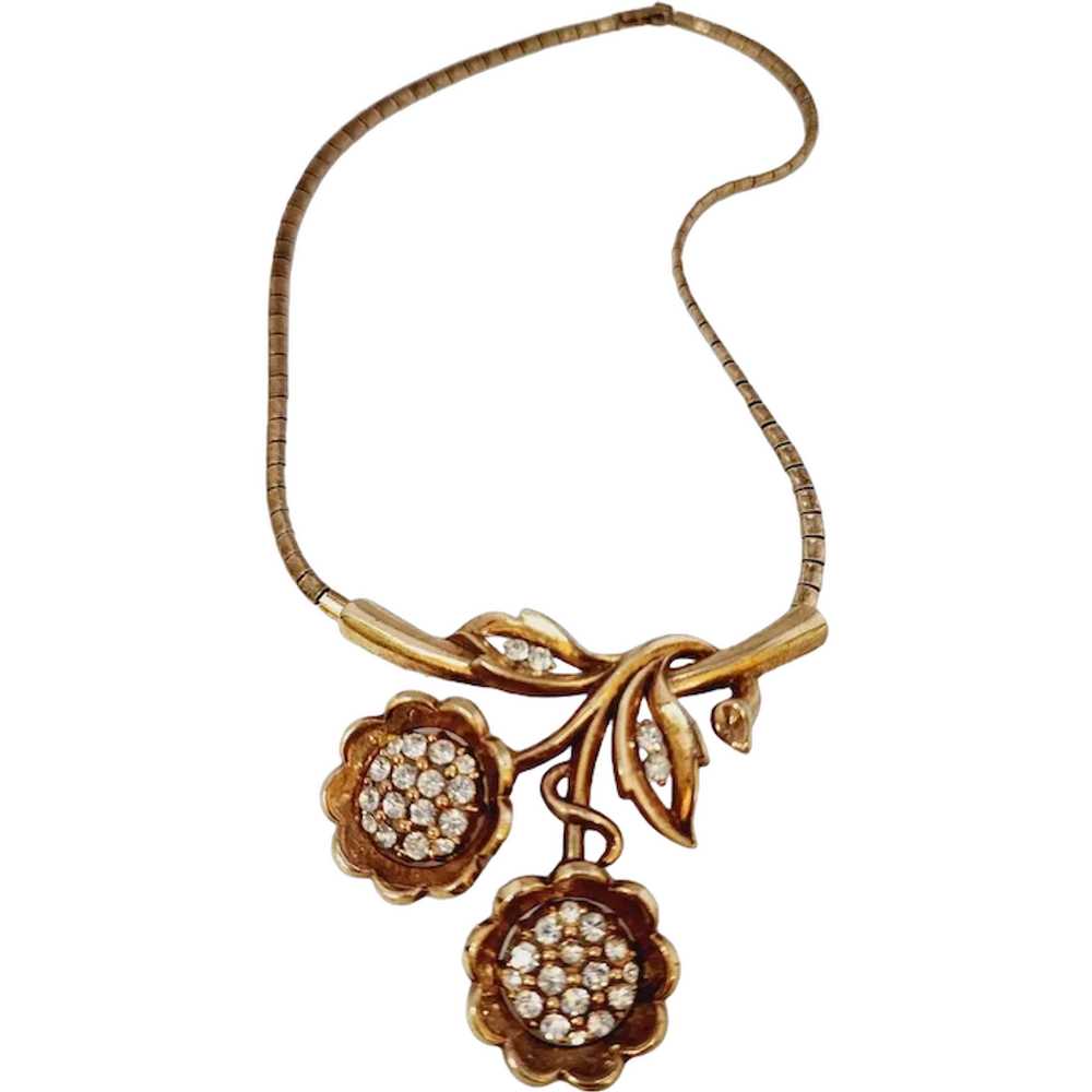 Vintage Signed Trifari Rhinestone Flower Necklace… - image 1