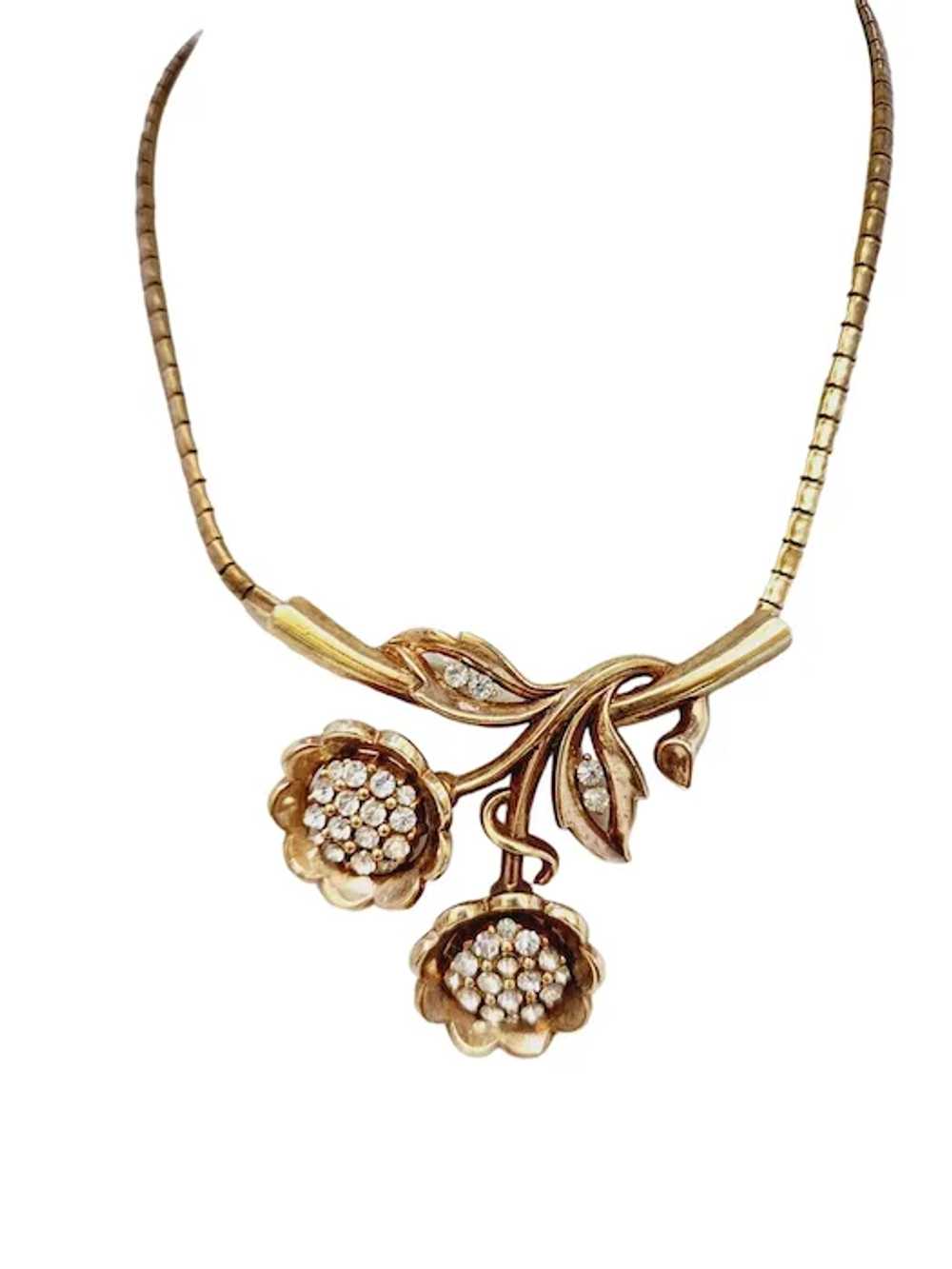 Vintage Signed Trifari Rhinestone Flower Necklace… - image 2