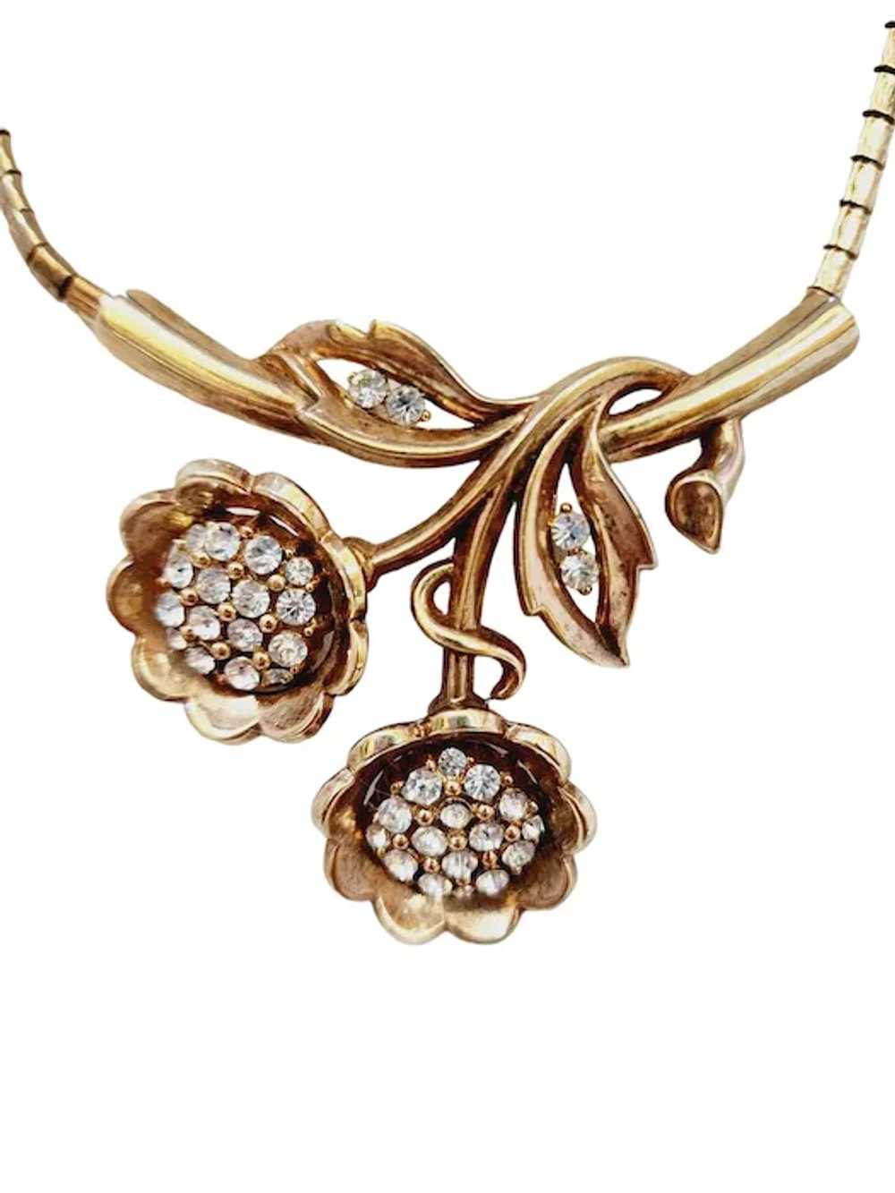 Vintage Signed Trifari Rhinestone Flower Necklace… - image 3