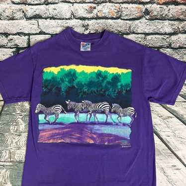 VTG 1992 Zebra Wildlife Herd Purple Single Stitch… - image 1