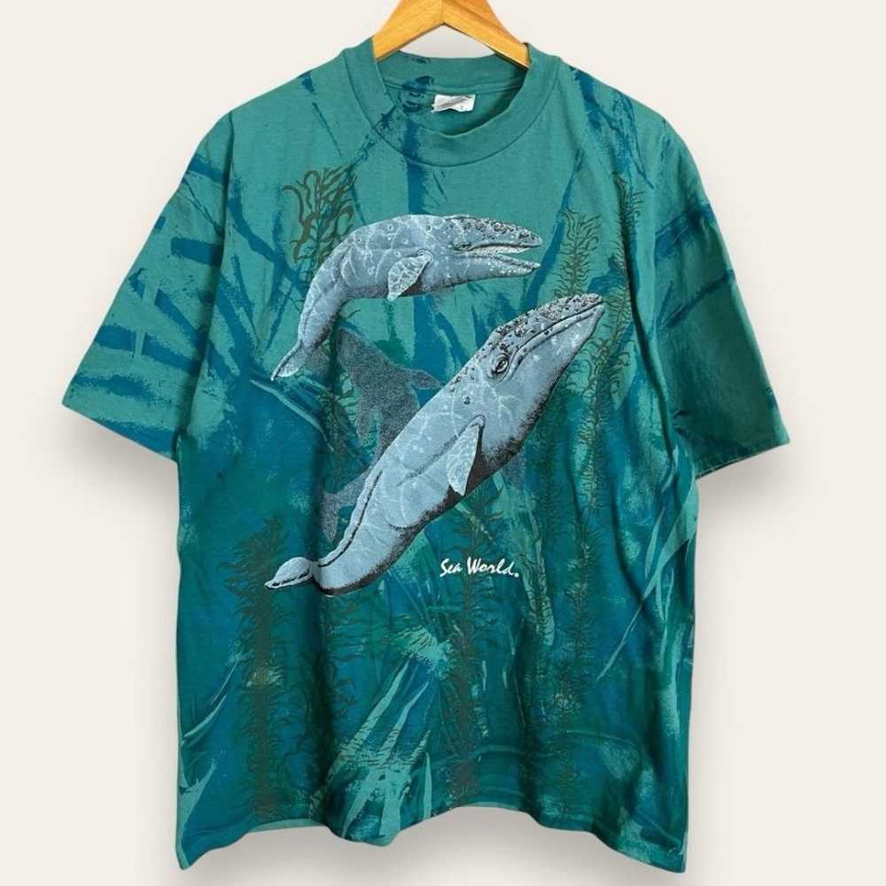 Vintage 90s Nature T-Shirt Sea World Green Whales… - image 1