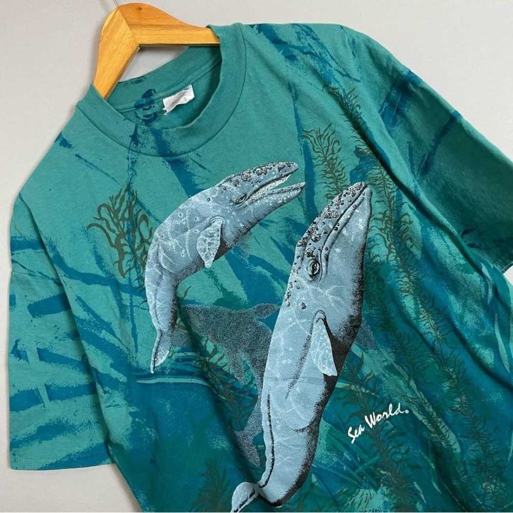 Vintage 90s Nature T-Shirt Sea World Green Whales… - image 5