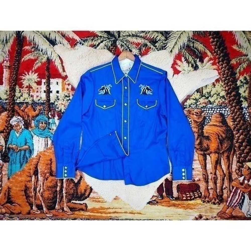 1990s Y2K Royal Blue Roper Pearlsnap Embroidered … - image 2