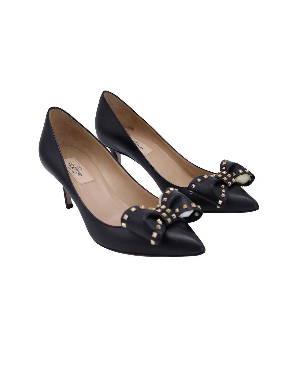 Valentino Black Leather Pointed-Toe Pumps with Ro… - image 2