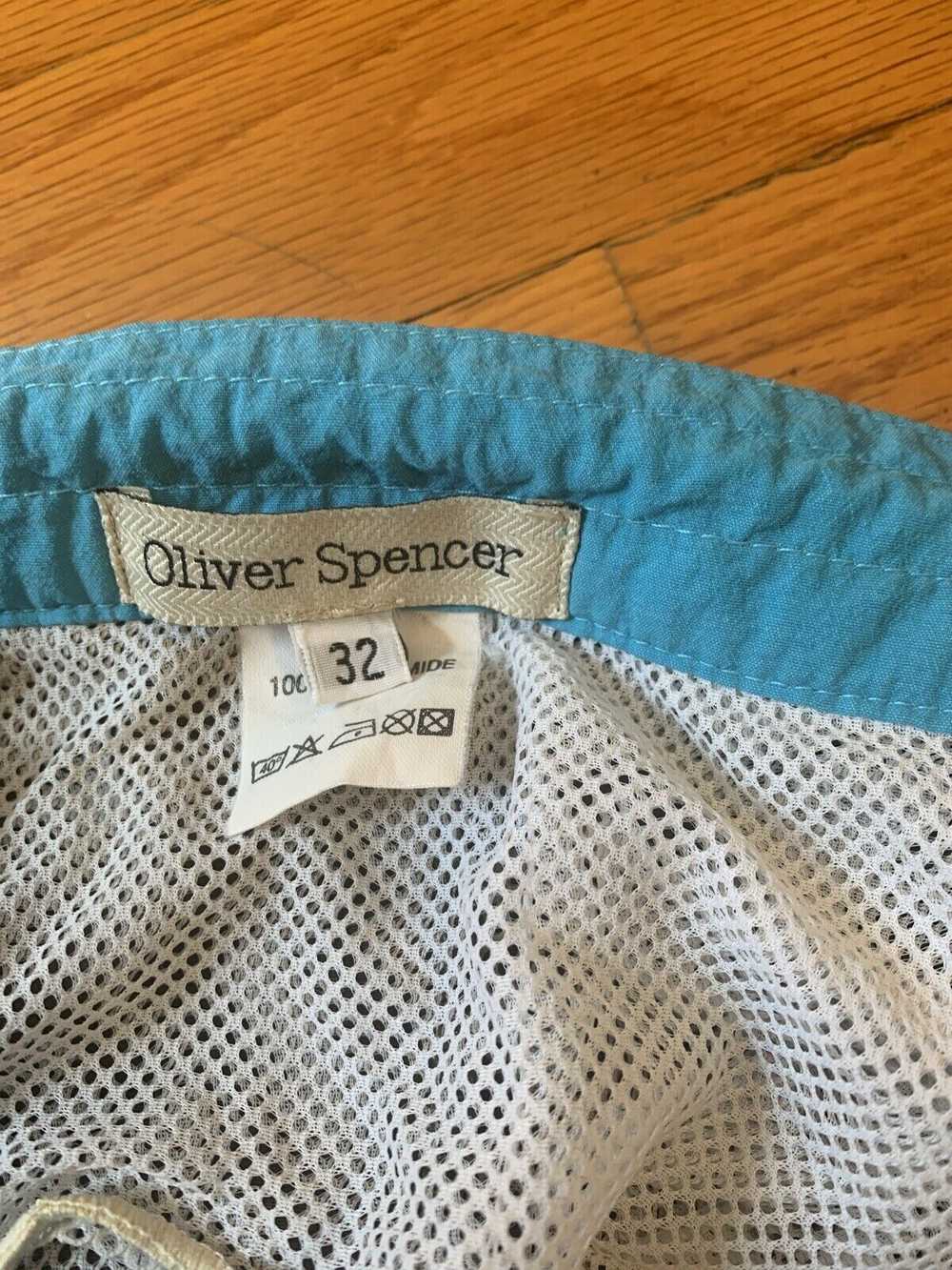 Oliver Spencer slim fit bathing suit in olive /bl… - image 6