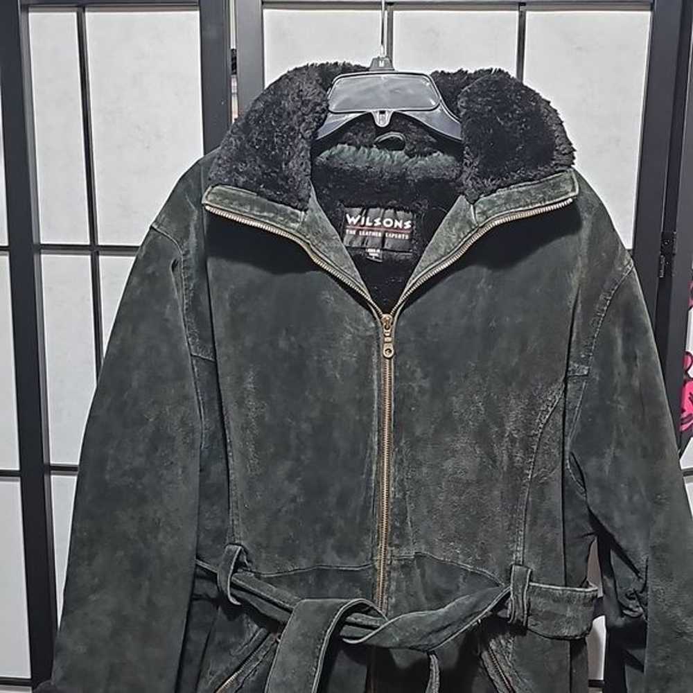 Wilsons Leather Dark Green Coat Black Fur Vintage - image 2