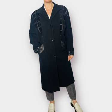 Vintage 80s Wool Leather and Suede Black Overcoat